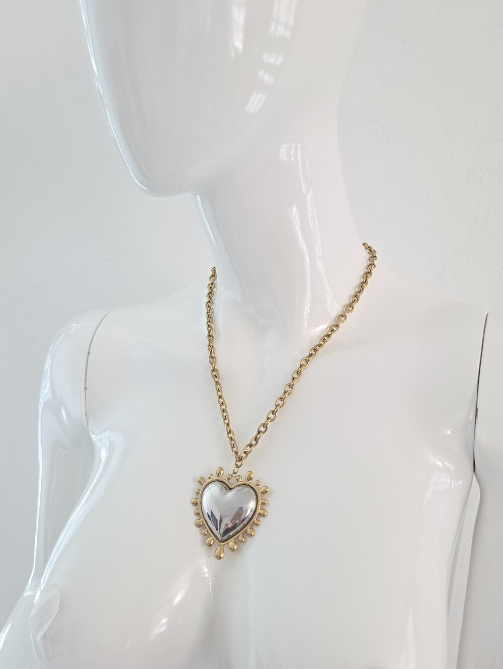 Two Tone Puffy Heart Pendant Statement Necklace - Picture 16 of 16